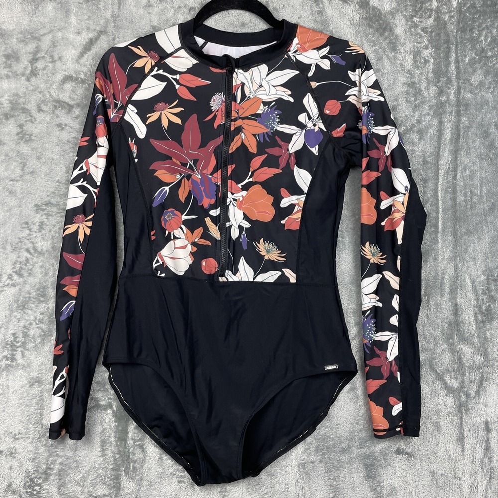 Axesea Swimsuit Womens 10 One Piece Long Sleeve Black Floral Zip Padded Beachy